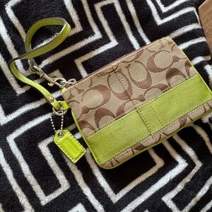 Coach Tan and Lime Green Signature Wristlet